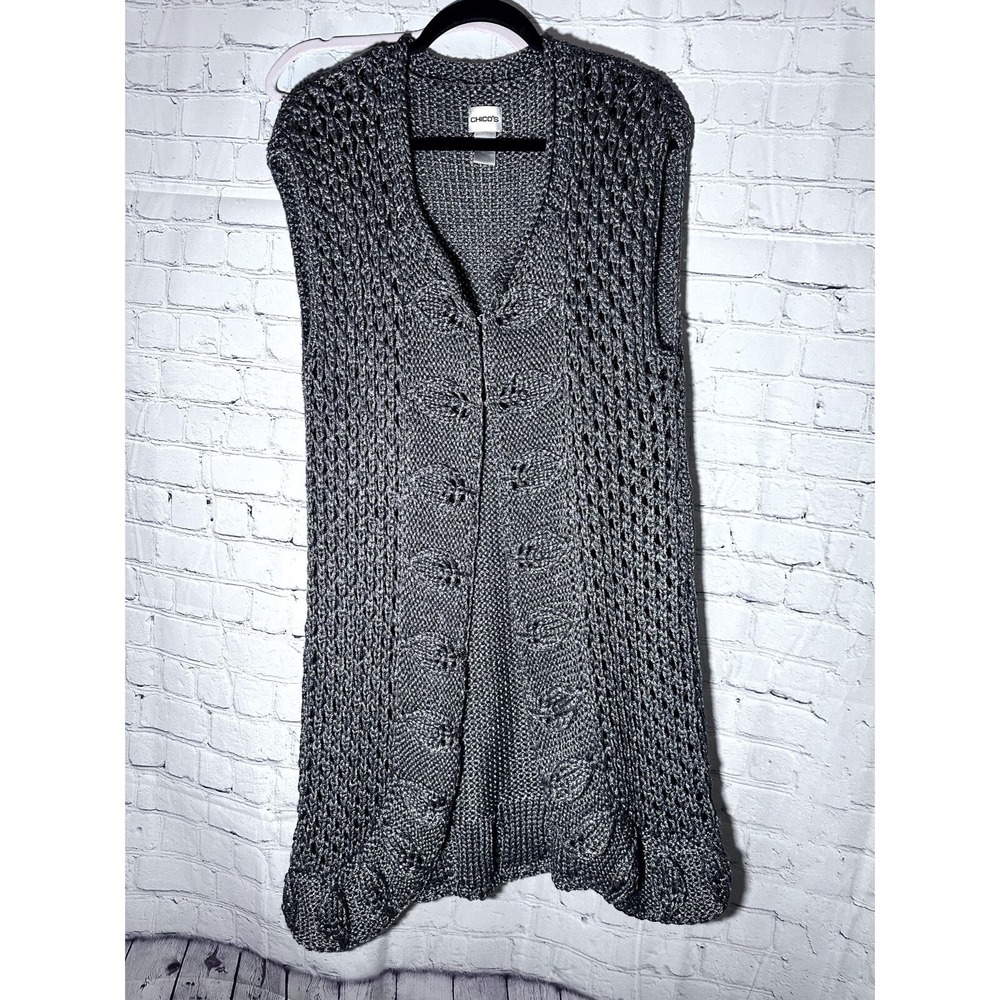 Chicos Metallic Gunmetal Gray Open Knit Sleeveless Longline Cardigan Vest Size 2